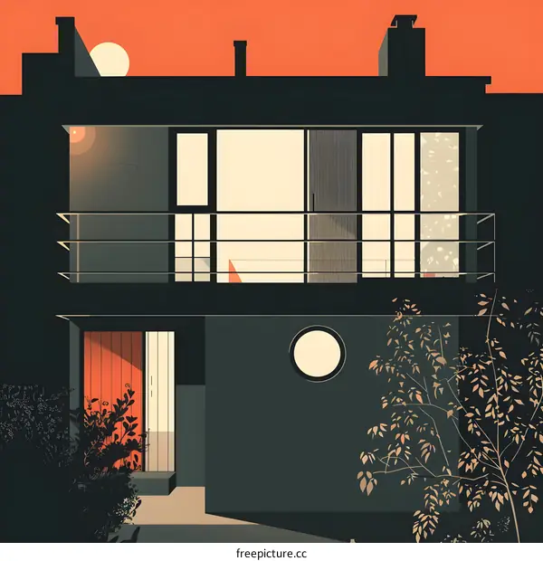 Minimalist Illustration of a Modern House with a Red Door and a Balcony