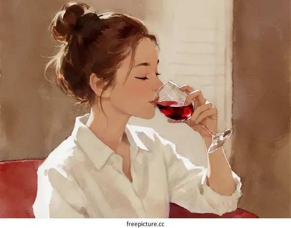 A Young Woman Sipping Red Wine in a Cozy Room