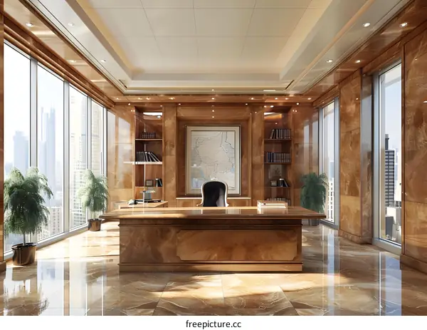 Luxury office interior with marble walls and large windows