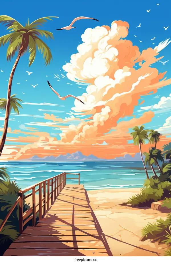 Beach walkway with palm trees and seagulls in the sunset