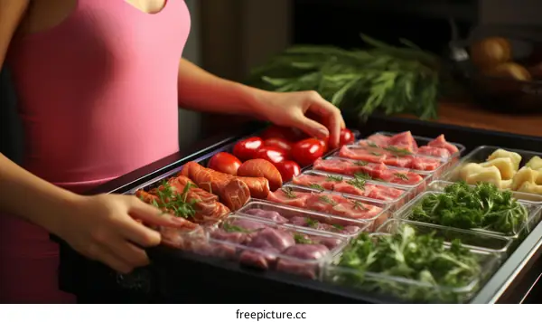 woman in pink tank top organizing food in refrigerator