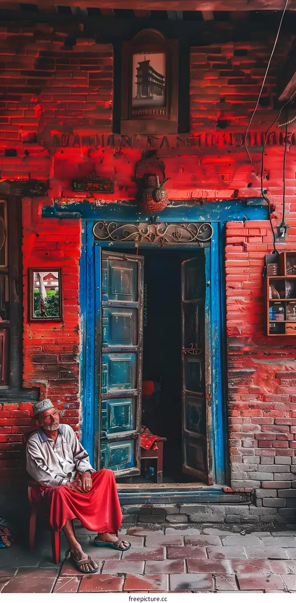 Man Sitting in Front of a Red Brick Building in Nepal