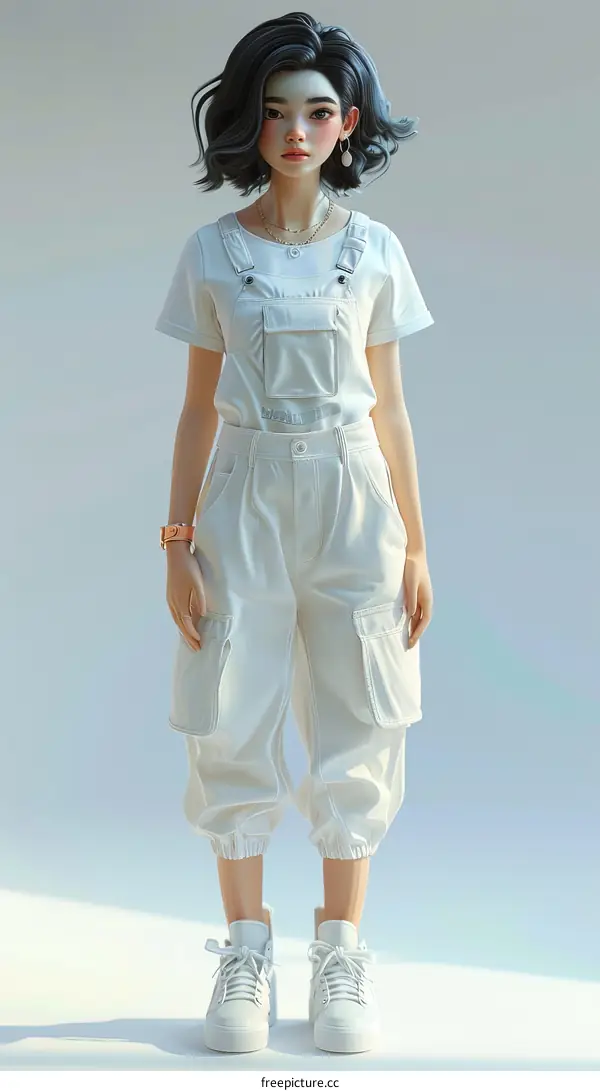 An Asian woman with short black hair wearing a white t-shirt and white pants