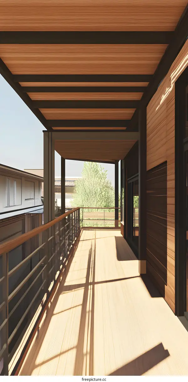 Modern Wooden Balcony Design with Sunlight and Tree View