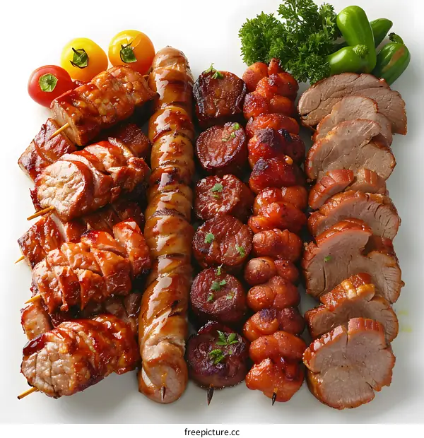 Various types of grilled meat on a white background