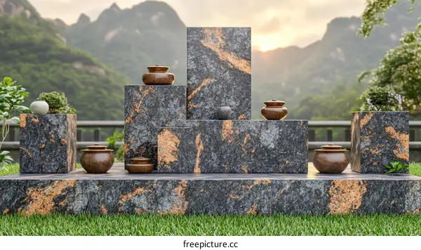 Modern Stoneware Display Against a Mountain Scenery
