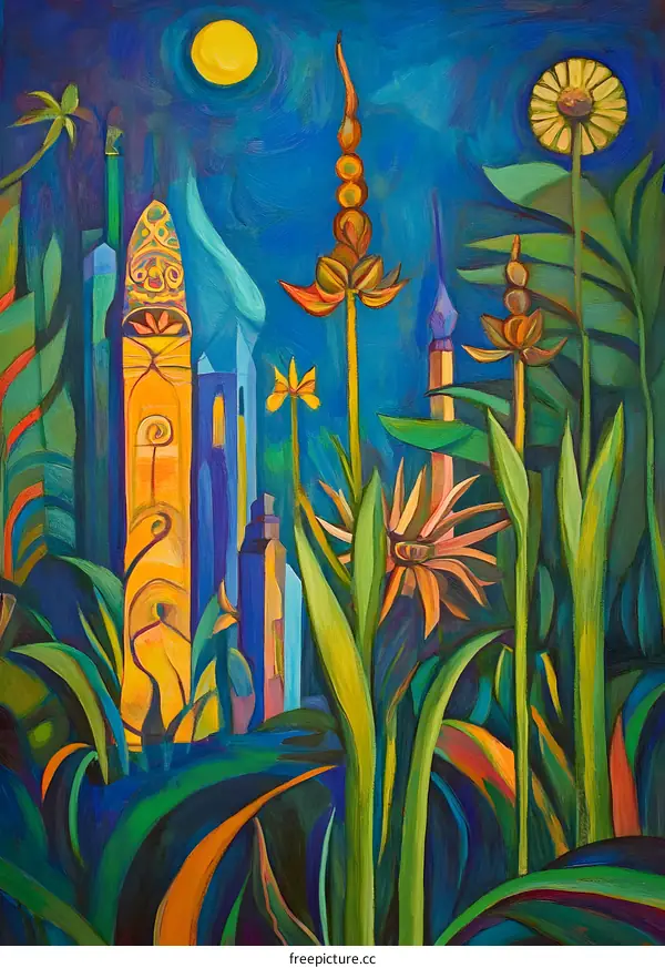 Abstract Painting of Tall Flowers and Buildings