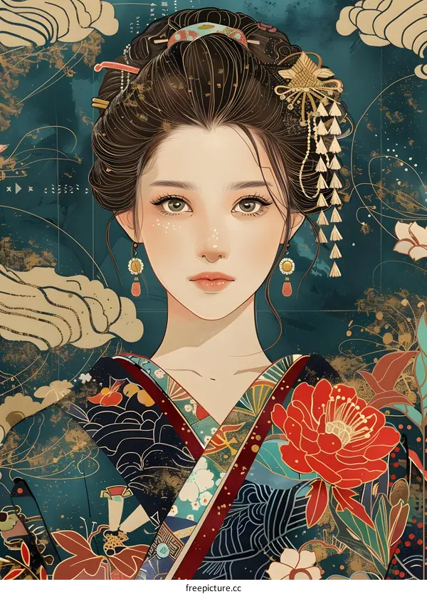 An illustration of a beautiful Asian woman in a kimono with a floral pattern.