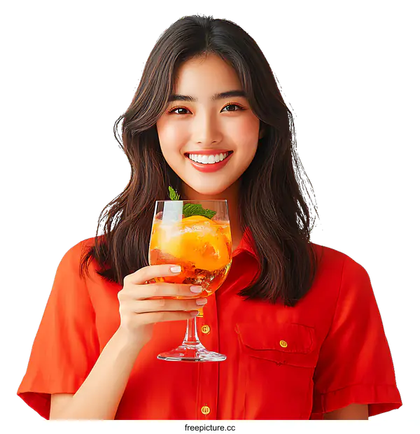 [Transparent Background PNG]Asian Woman Enjoying a Refreshing Cocktail