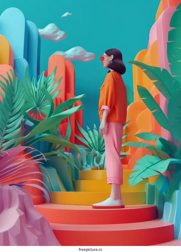 A woman standing in a colorful 3D landscape with plants