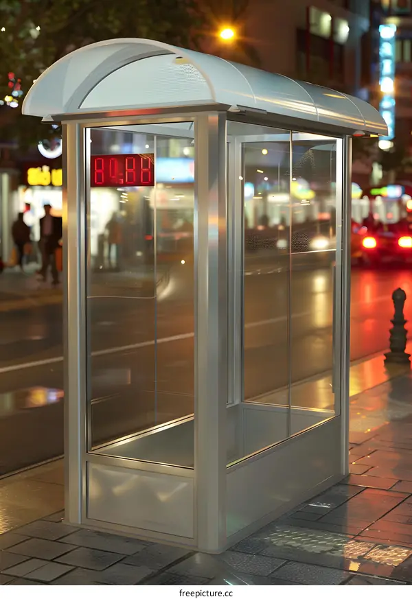 Modern Glass Bus Stop Shelter in City at Night