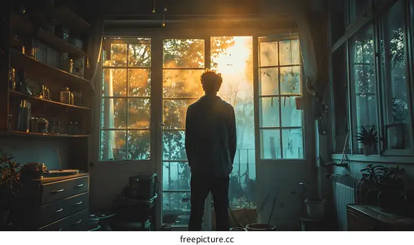 Man standing in front of a door looking out at the trees