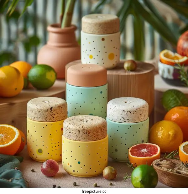 An artistic still life of ceramic jars with citrus fruits