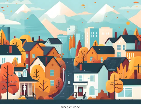 Autumn Cityscape with Mountain Background