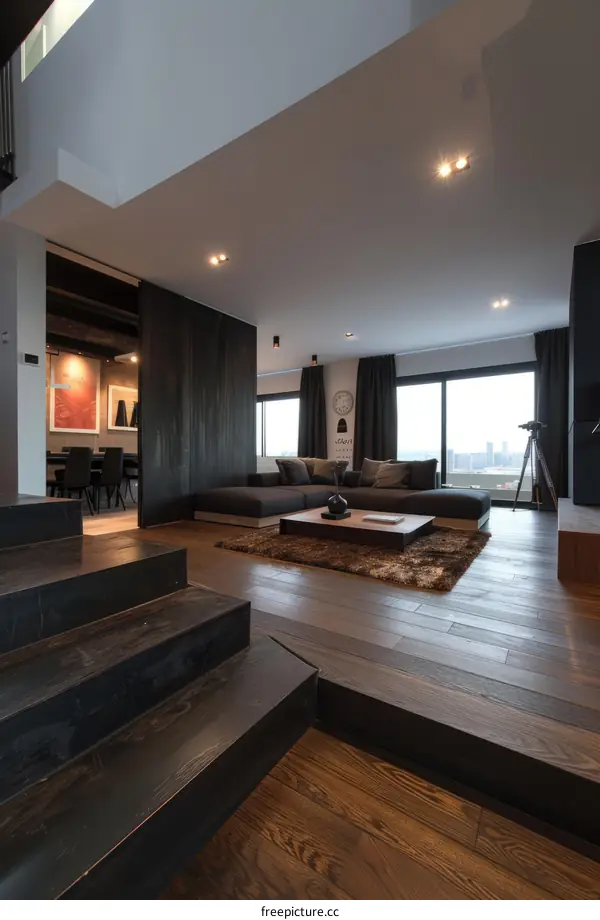 Modern minimalist dark wood living room interior design