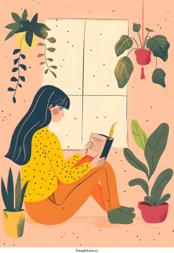 Woman Reading a Book by the Window with Plants