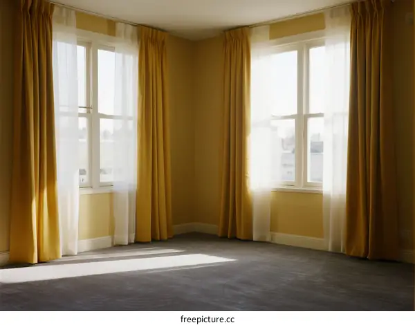 Empty room with yellow curtains and large windows