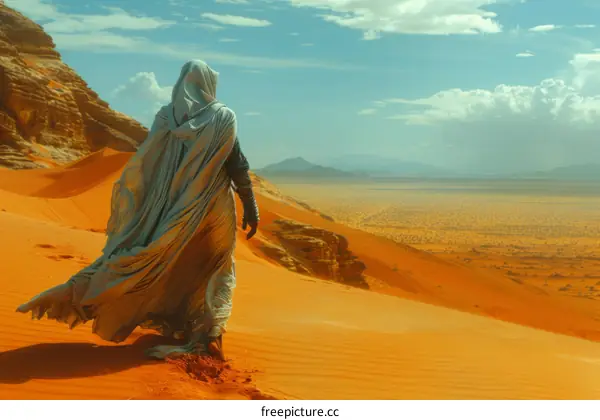 A person standing on a sand dune in the middle of a desert