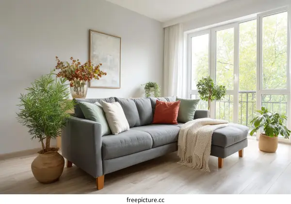 Modern Cozy Living Room with Plants and Large Windows