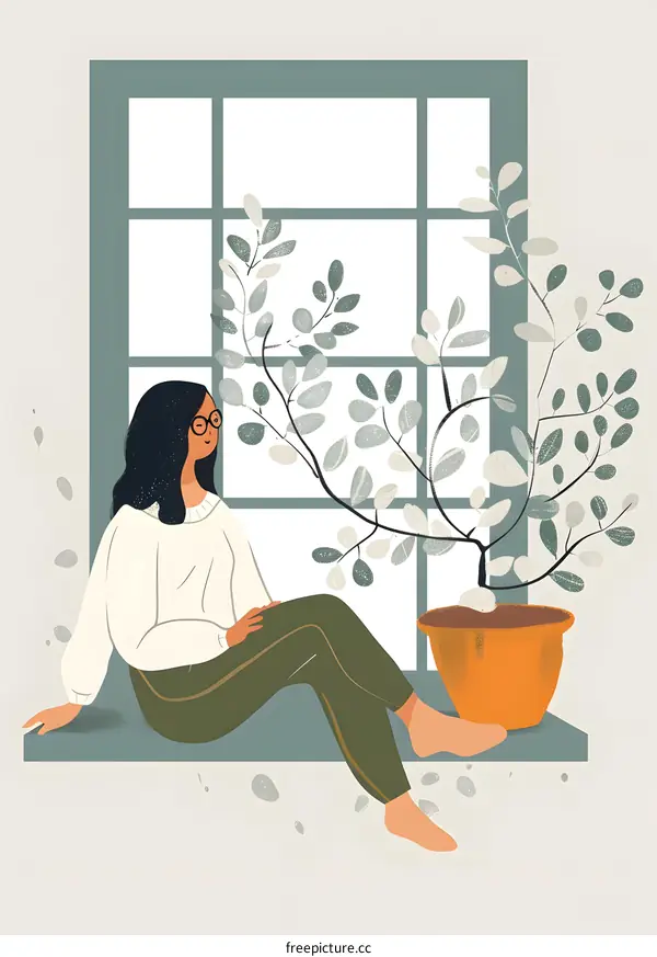 Woman Sitting by Window with Plant