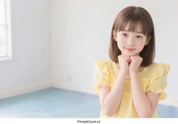 A Young Girl Wearing Yellow Dress Posing Indoors