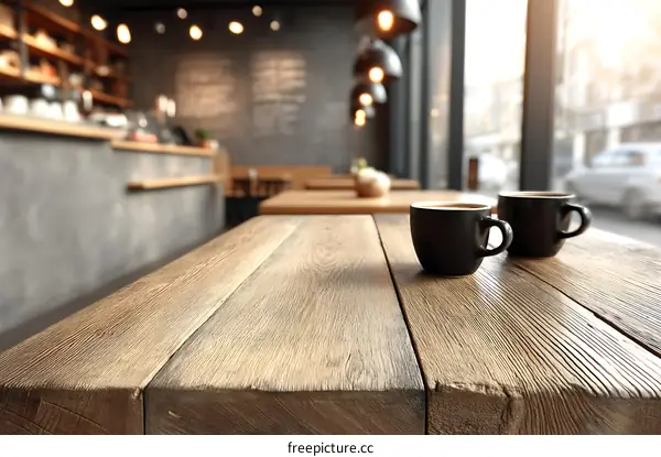 Wooden Coffee Table with Black Coffee Cups in a Cafe