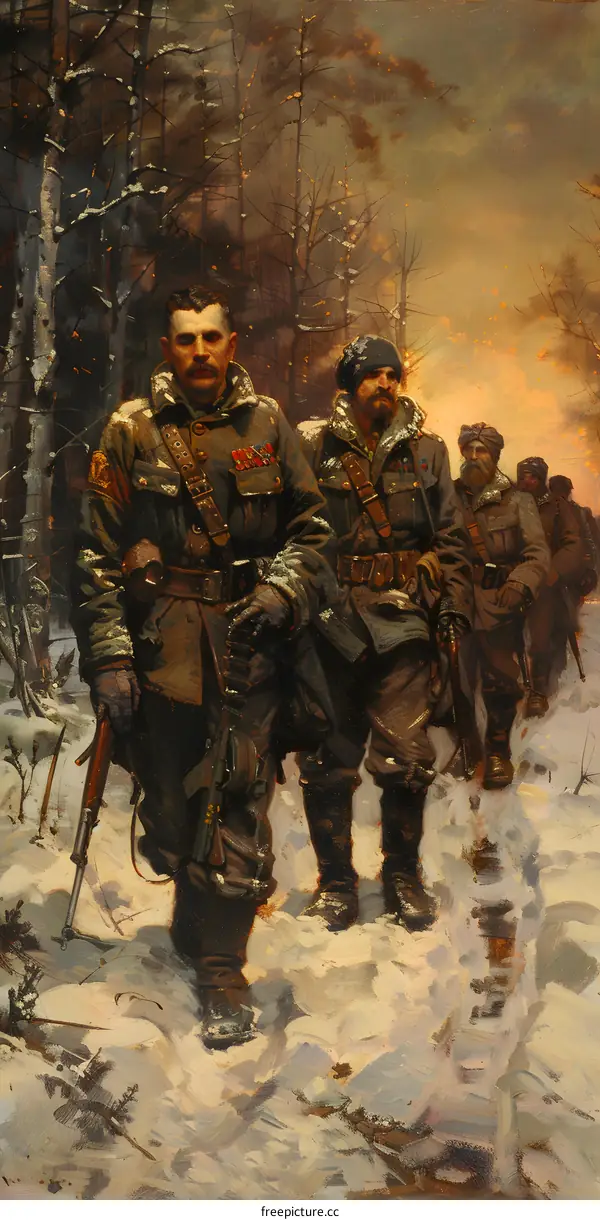 Soviet Soldiers Marching Through the Snow in a Winter Forest
