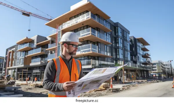 Construction worker wearing hardhat looking at building plans in front of a building under construction