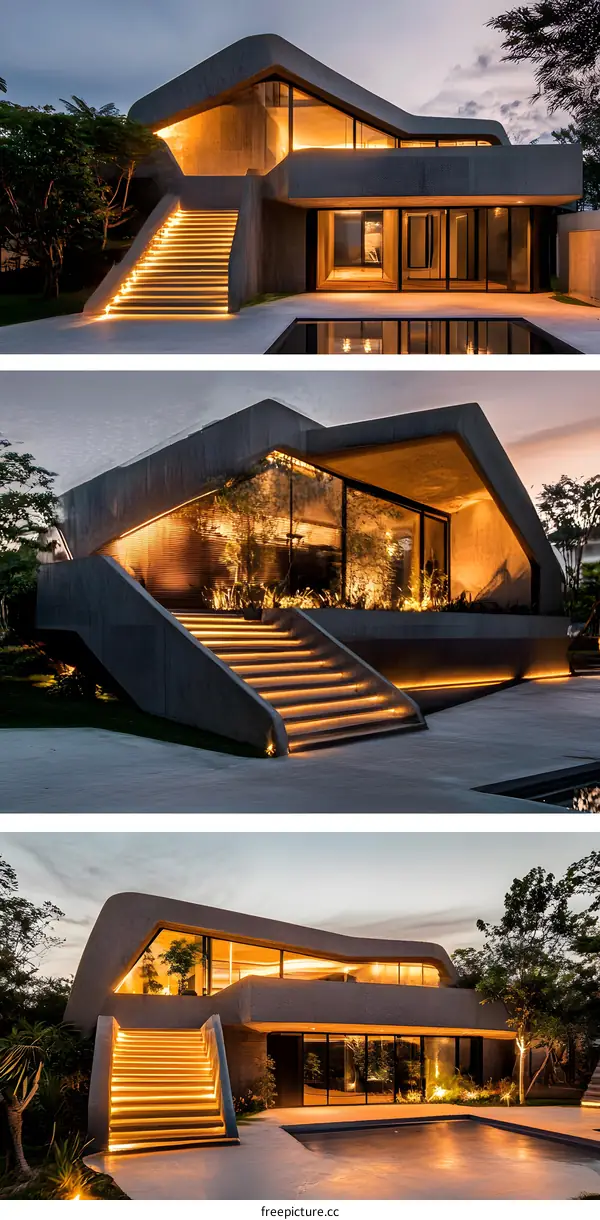 Modern Concrete House with Geometric Design and Illuminated Staircase