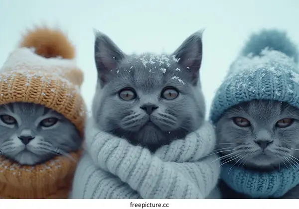 Three British Shorthair cats wearing winter hats and scarves