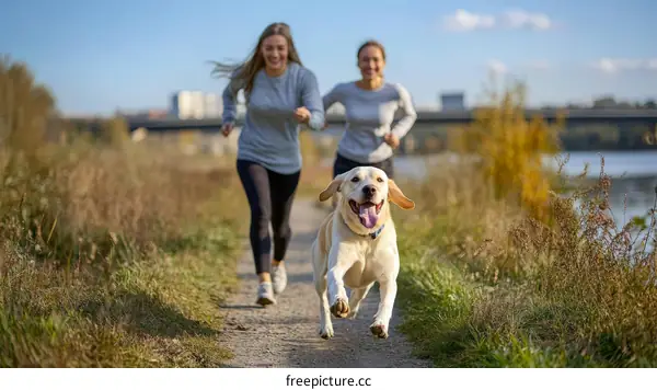 Two Women Running with a Dog on a Trail