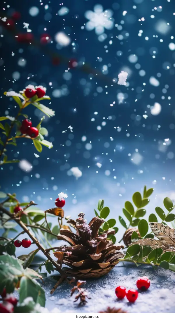 Pine cone and red berries with snow falling against a dark blue background