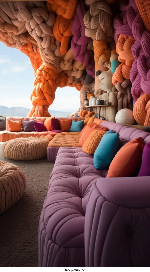 A Surreal Living Room with Colorful Yarn Decorations