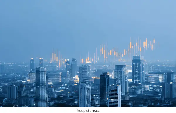 Night City Skyline with Stock Market Trends