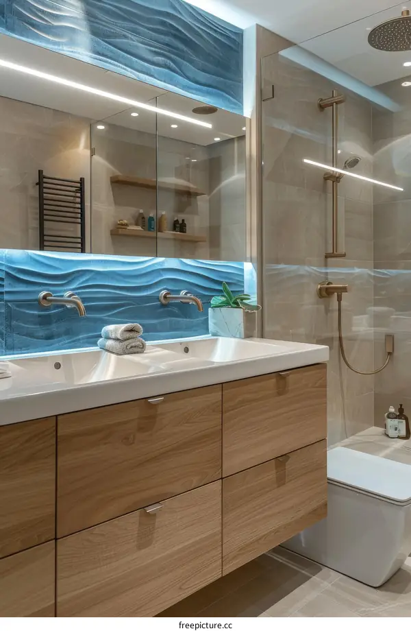 Modern Bathroom Vanity with Wave-Patterned Backsplash