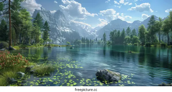Snow-capped Mountains Reflected in a Crystal-Clear Lake