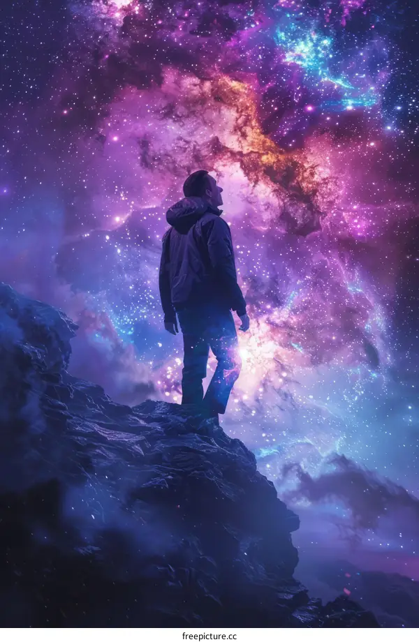 Man looking up at the starry night sky