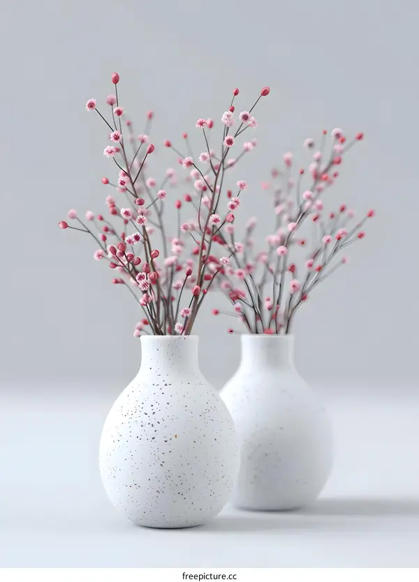 Two White Vases with Pink Flowers on White Background