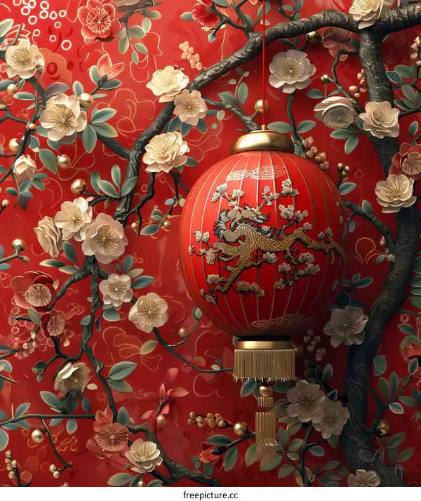 red chinese lantern with golden dragon pattern hanging on the branch with white and pink flowers