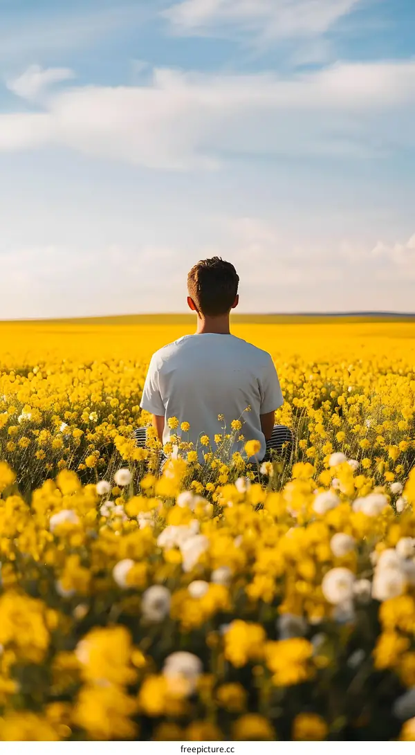 Man Sitting in a Field of Yellow Flowers