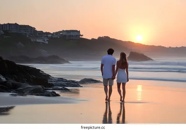 Couple Walking on the Beach at Sunset