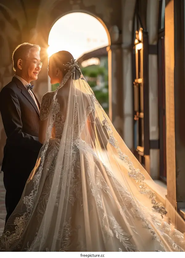 Wedding Couple Posing in Sunlight Filled Archway