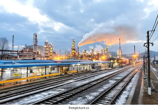 Industrial Complex with Rail Line at Dawn
