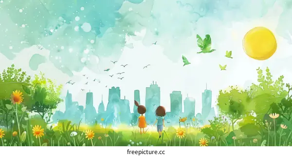 Two Children in City Holding Hands with Green Environment