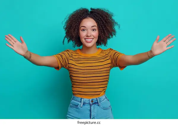 Smiling Woman Welcoming with Open Arms in Studio