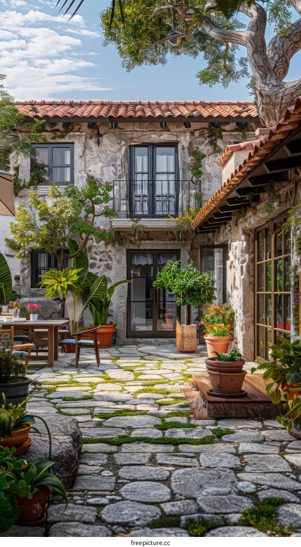 Courtyard of a Spanish style house with stone tiles and lots of plants