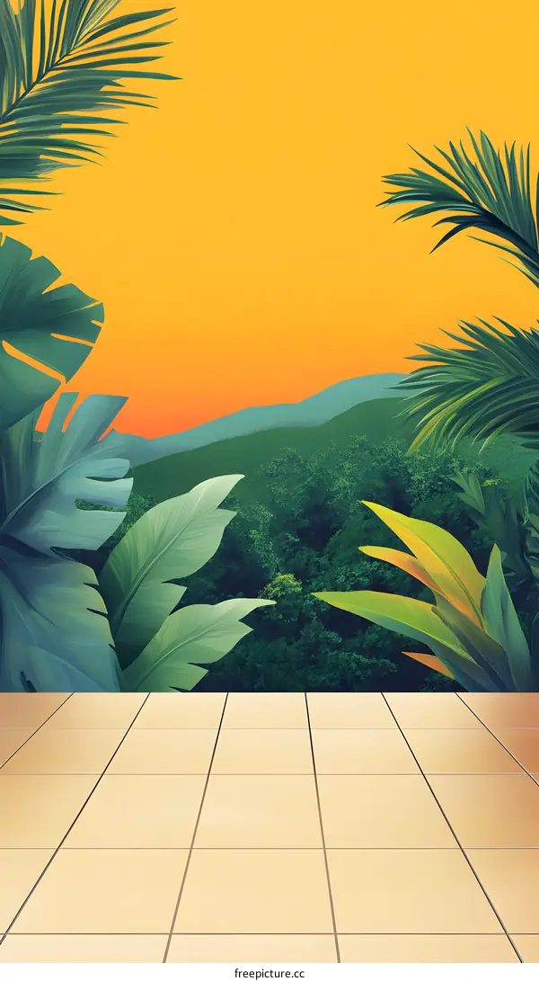 Tropical Leaves and Mountains Background with Tile Floor