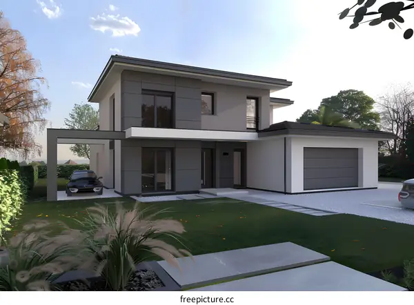 Modern Two Story House with Garage and Garden