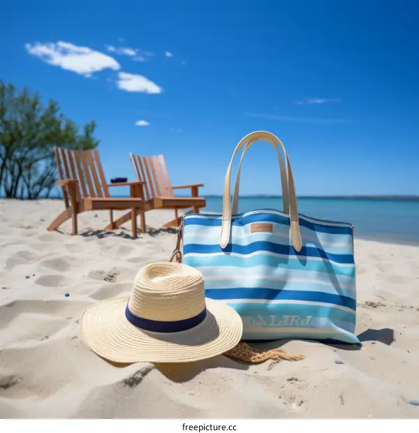 Beach relaxation with a straw hat and a beach bag