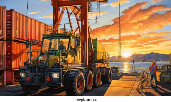Reach stacker in the harbor at sunset